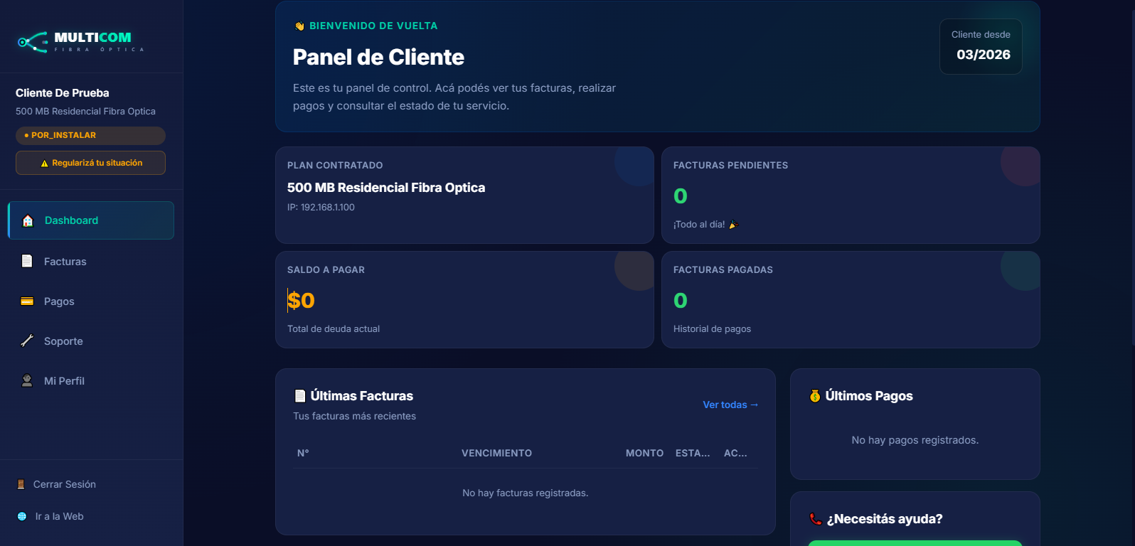 Dashboard del portal de clientes Multicom